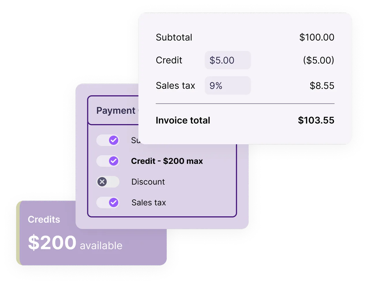 Invoice totals with credit, discount, and sales tax controls