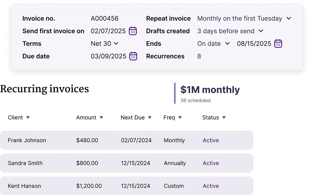 Recurring invoice schedule and the active recurring series list